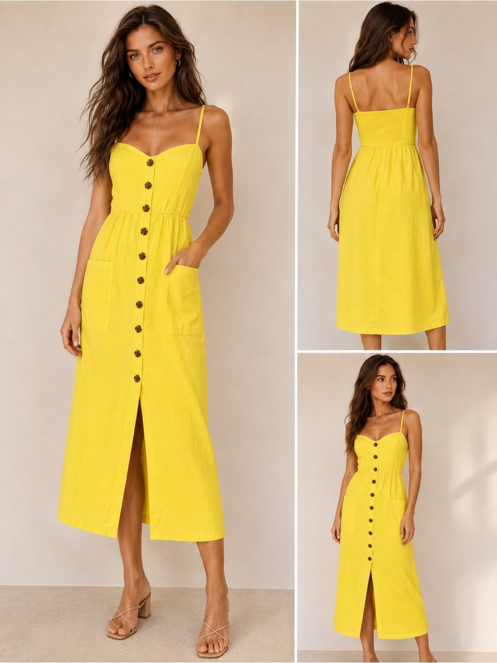 Halife Yellow Button Front Sundress Pockets Smocked Back Midi Dress Size L